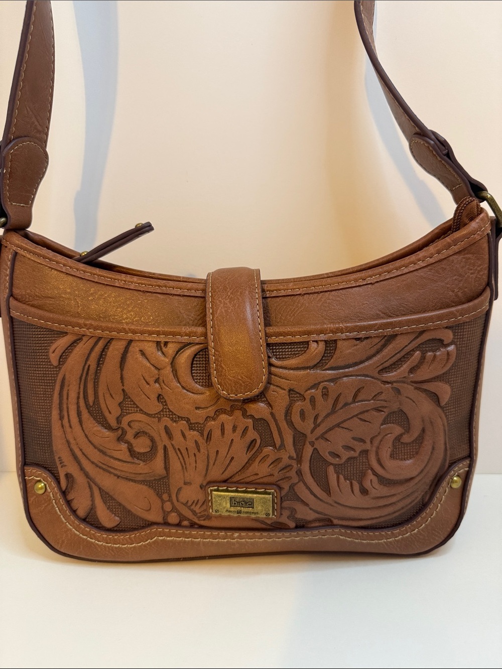 Born Concept B.O.C. 100% Leather Tooled Floral Crossbody Brown Adjustable Strap